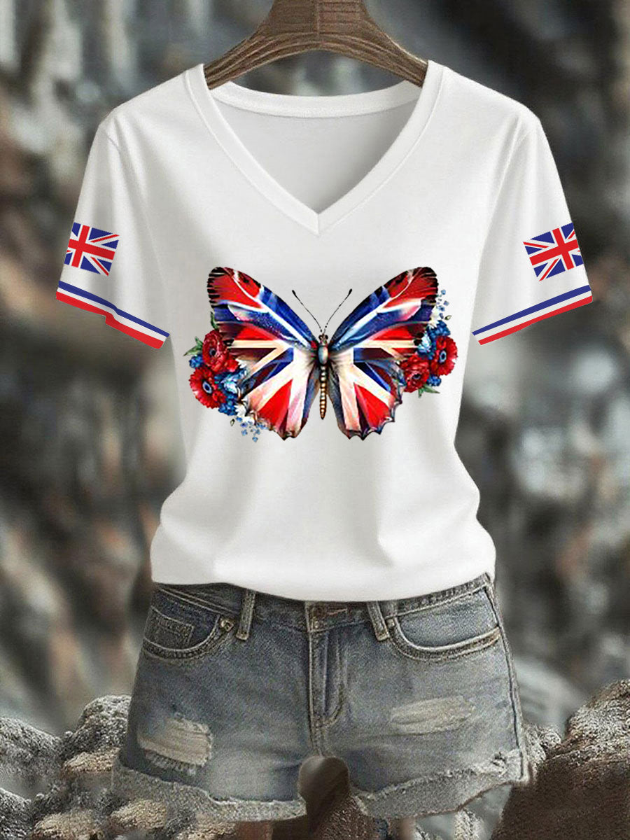 Women's Vintage England Flag Casual Printed V-neck T-shirt vetvanguards