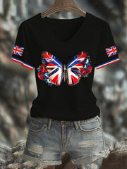 Women's Vintage England Flag Casual Printed V-neck T-shirt vetvanguards