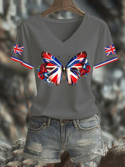 Women's Vintage England Flag Casual Printed V-neck T-shirt vetvanguards