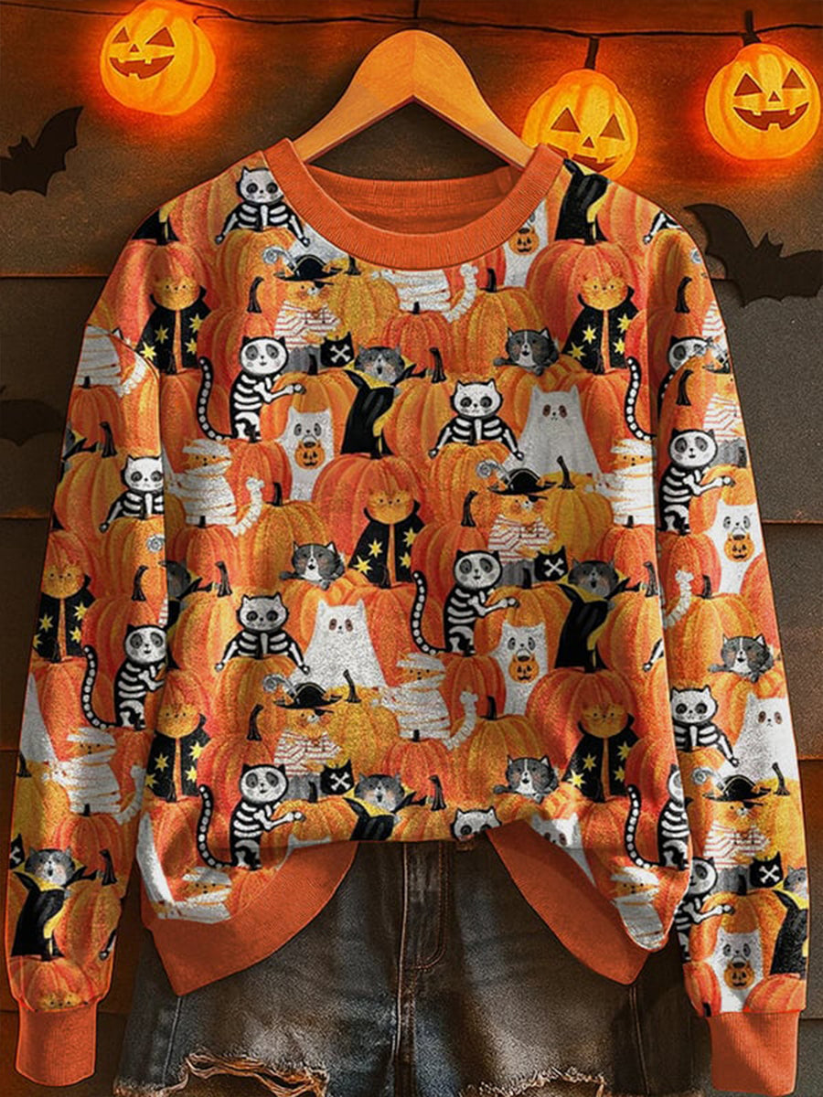 Women's Halloween Pumpkin Skeleton Cat Sweatshirt vetvanguards