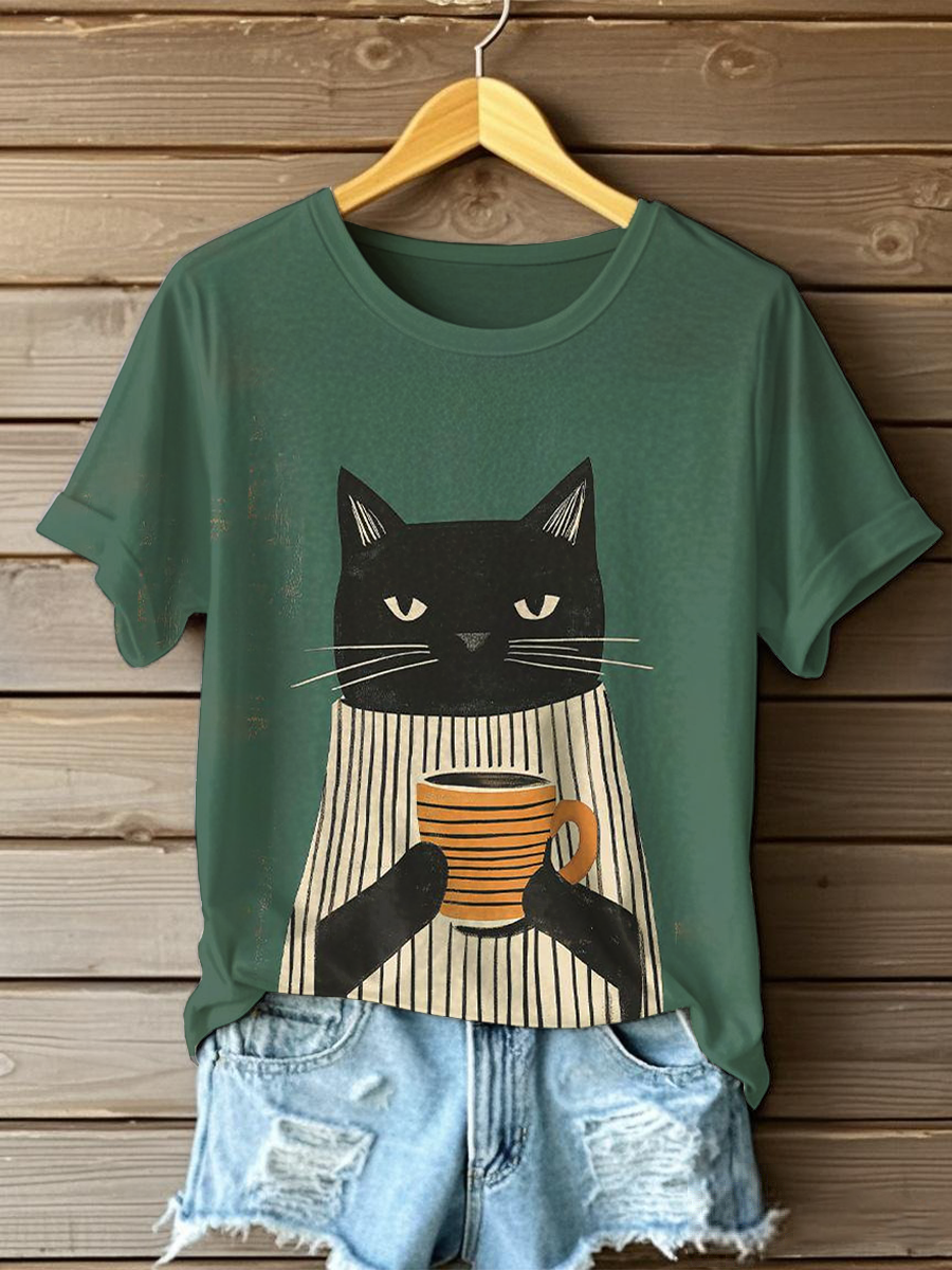 Women's Cat Art Print Casual T-shirt vetvanguards