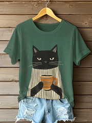 Women's Cat Art Print Casual T-shirt vetvanguards