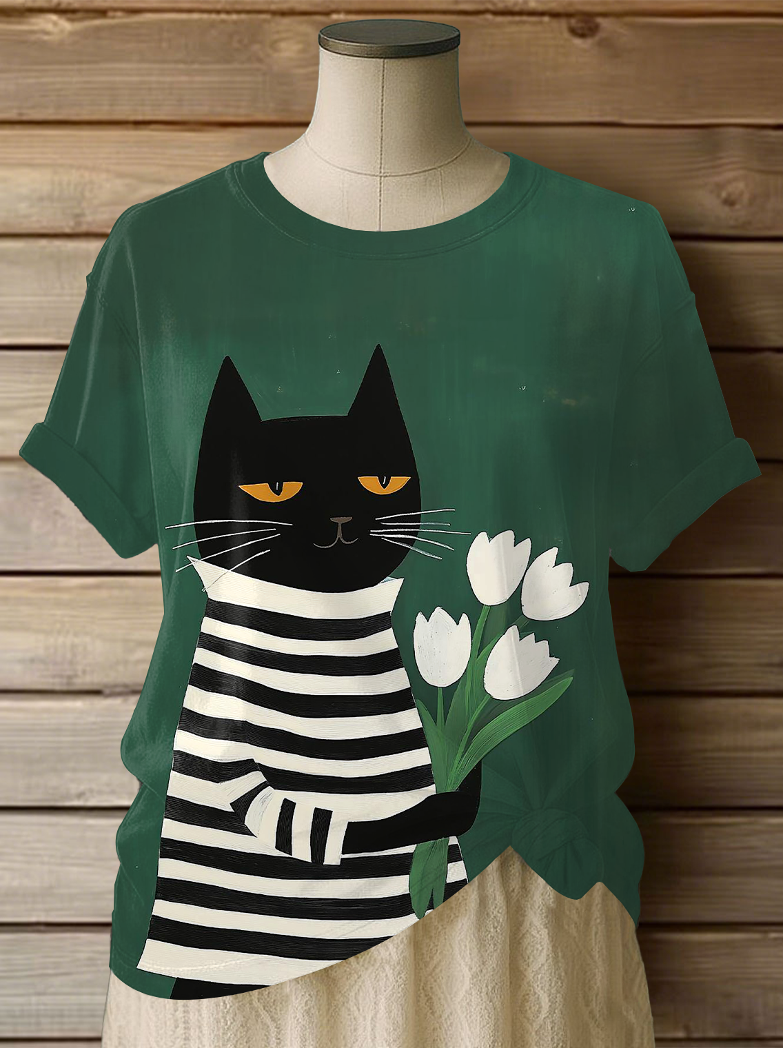 Women's Cat Art Print Casual T-shirt vetvanguards