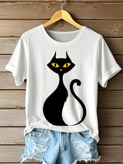 Women's Halloween Black Cat Short Sleeve T-Shirt vetvanguards