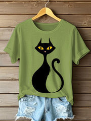 Women's Halloween Black Cat Short Sleeve T-Shirt vetvanguards