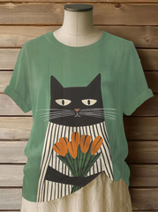 Women's Cat Art Print Casual T-shirt vetvanguards