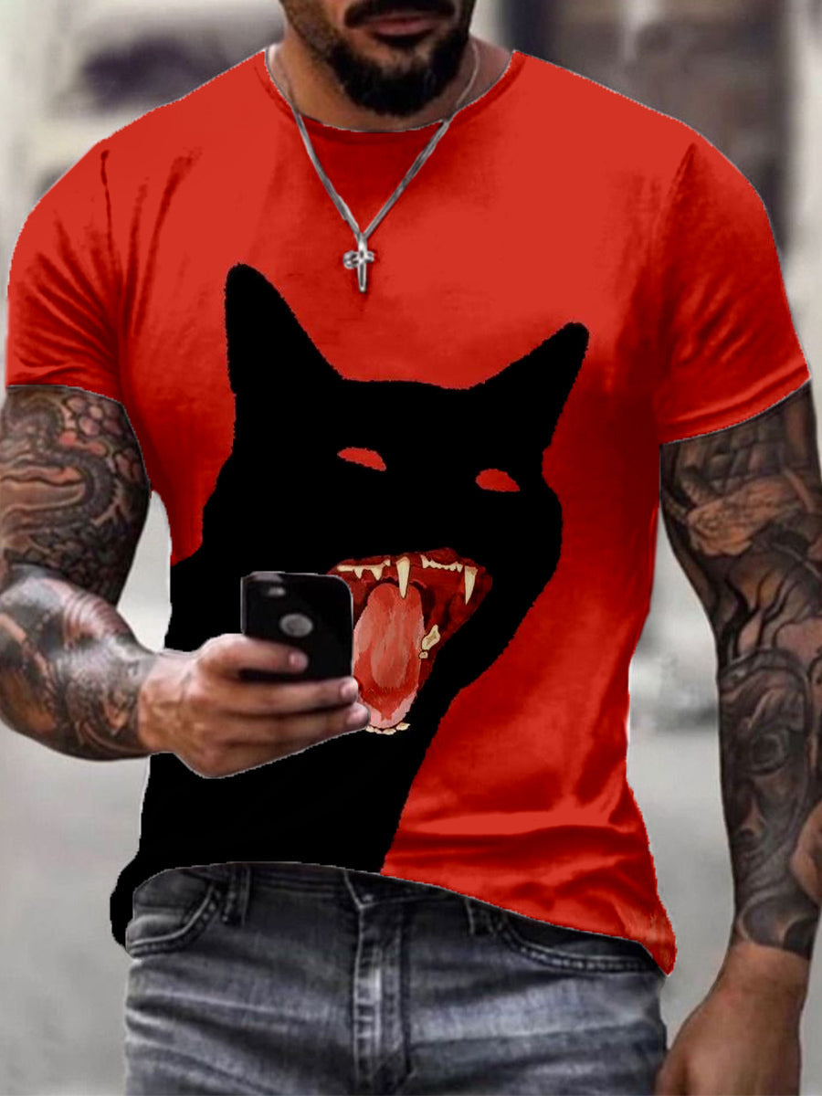 Men's Halloween Inspired Black Cat Print T-Shirt vetvanguards