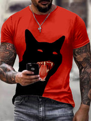 Men's Halloween Inspired Black Cat Print T-Shirt vetvanguards