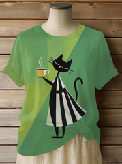 Women's Cat Art Print Casual T-shirt vetvanguards