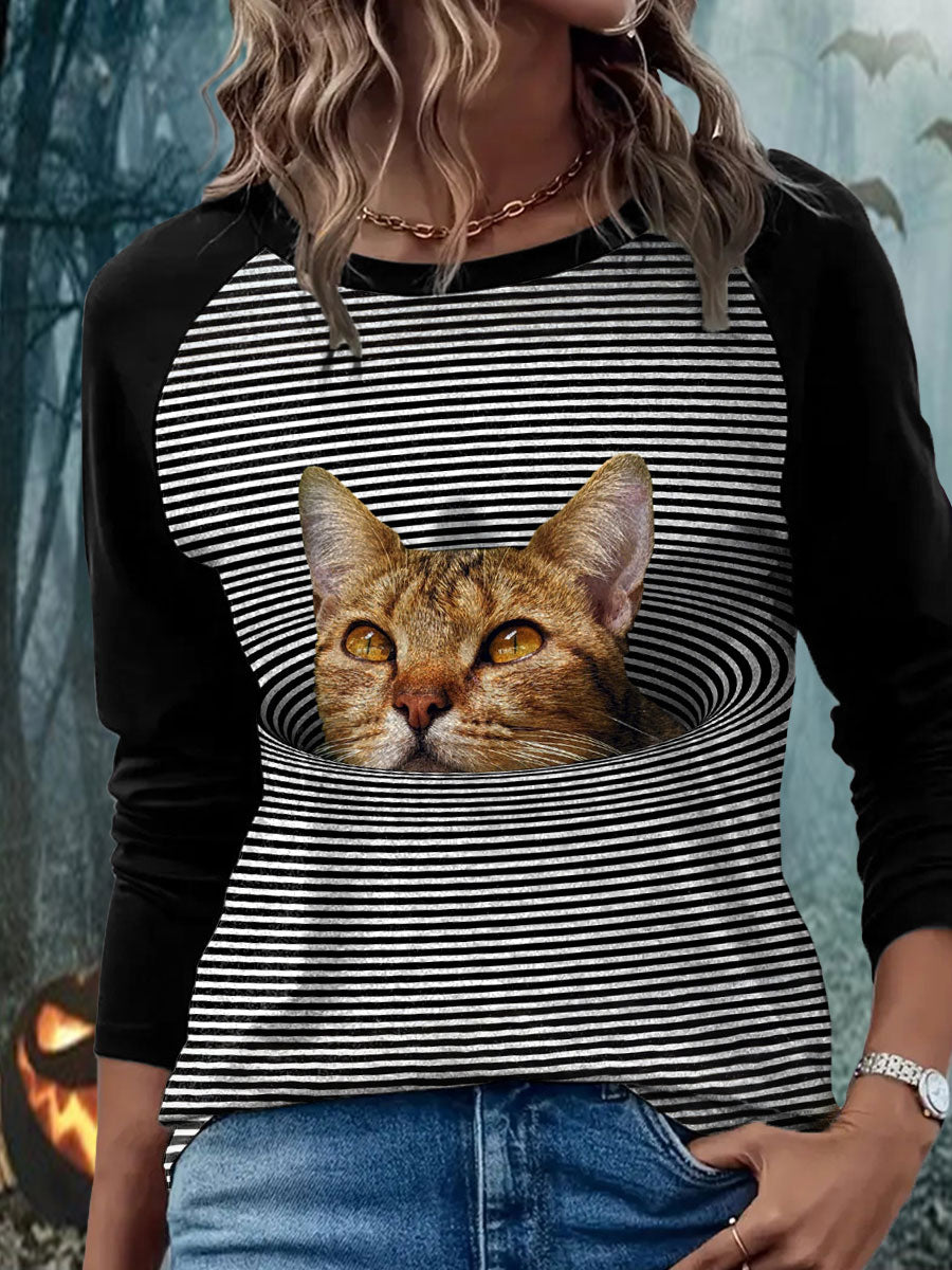 Women's psychedelic art cat long sleeve T-shirts vetvanguards