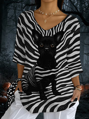 Women's Black Dog Stripes Print Casual Half-Sleeve Top vetvanguards