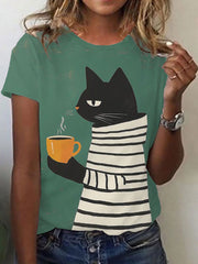 Women's Cat Art Print Casual T-shirt vetvanguards