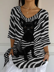 Women's Black Dog Stripes Print Casual Half-Sleeve Top vetvanguards