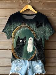 Women's Halloween Black Cat sees Ghost Crew Neck Short Sleeve T-shirt vetvanguards