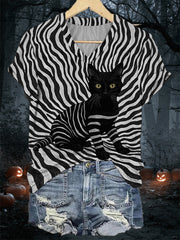 Women's Black Cat Stripes Print Casual V-Neck Tee vetvanguards