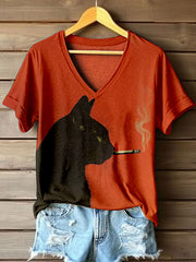 Women's Smoking Black Cat Print V-Neck T-Shirt vetvanguards