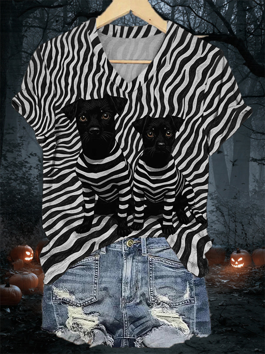 Women's Black Dog Stripes Print Casual V-Neck Tee vetvanguards