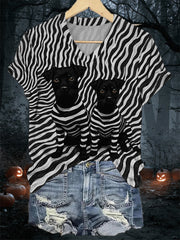 Women's Black Dog Stripes Print Casual V-Neck Tee vetvanguards