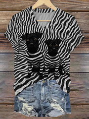Women's Black Dog Stripes Print Casual V-Neck Tee vetvanguards