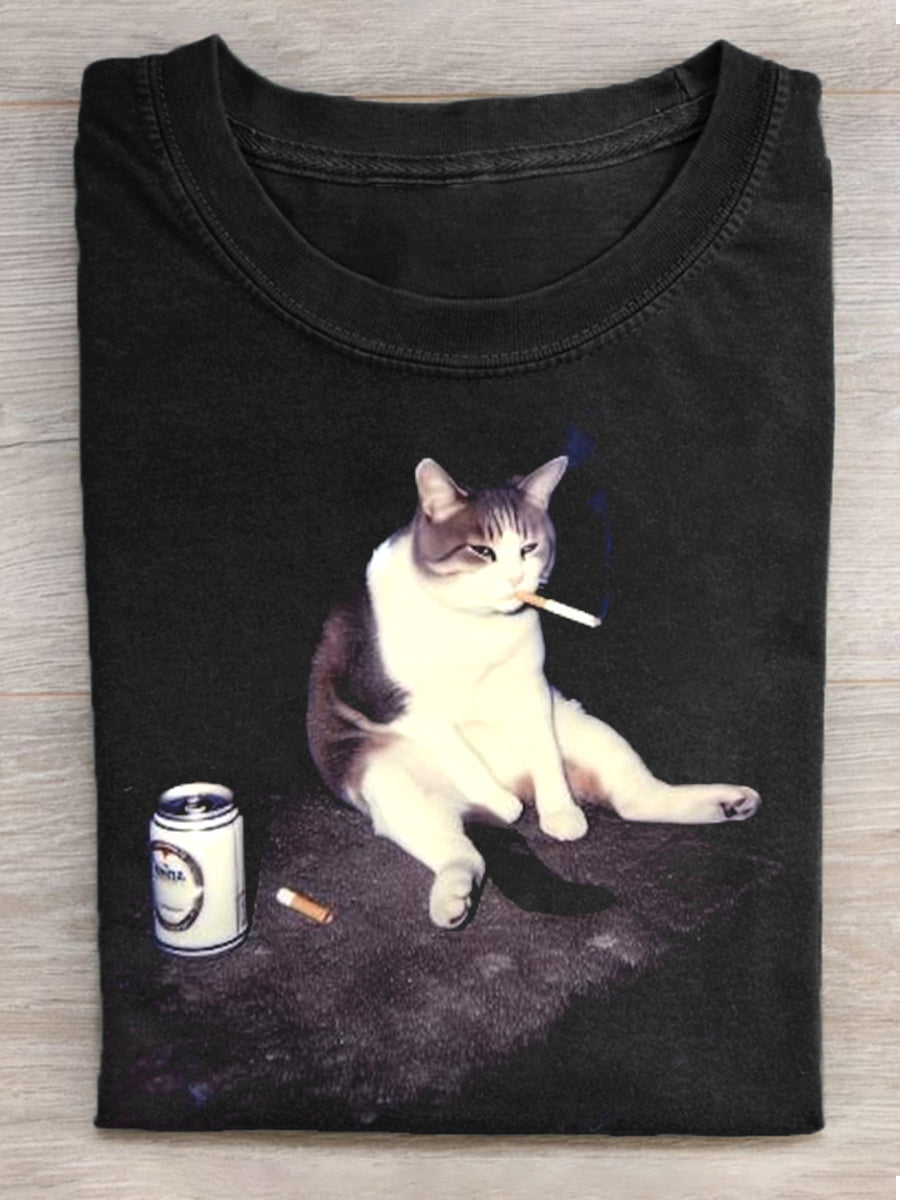 Women's Funny Cat Print Washed Short Sleeve T-Shirt vetvanguards
