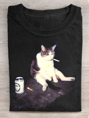 Women's Funny Cat Print Washed Short Sleeve T-Shirt vetvanguards