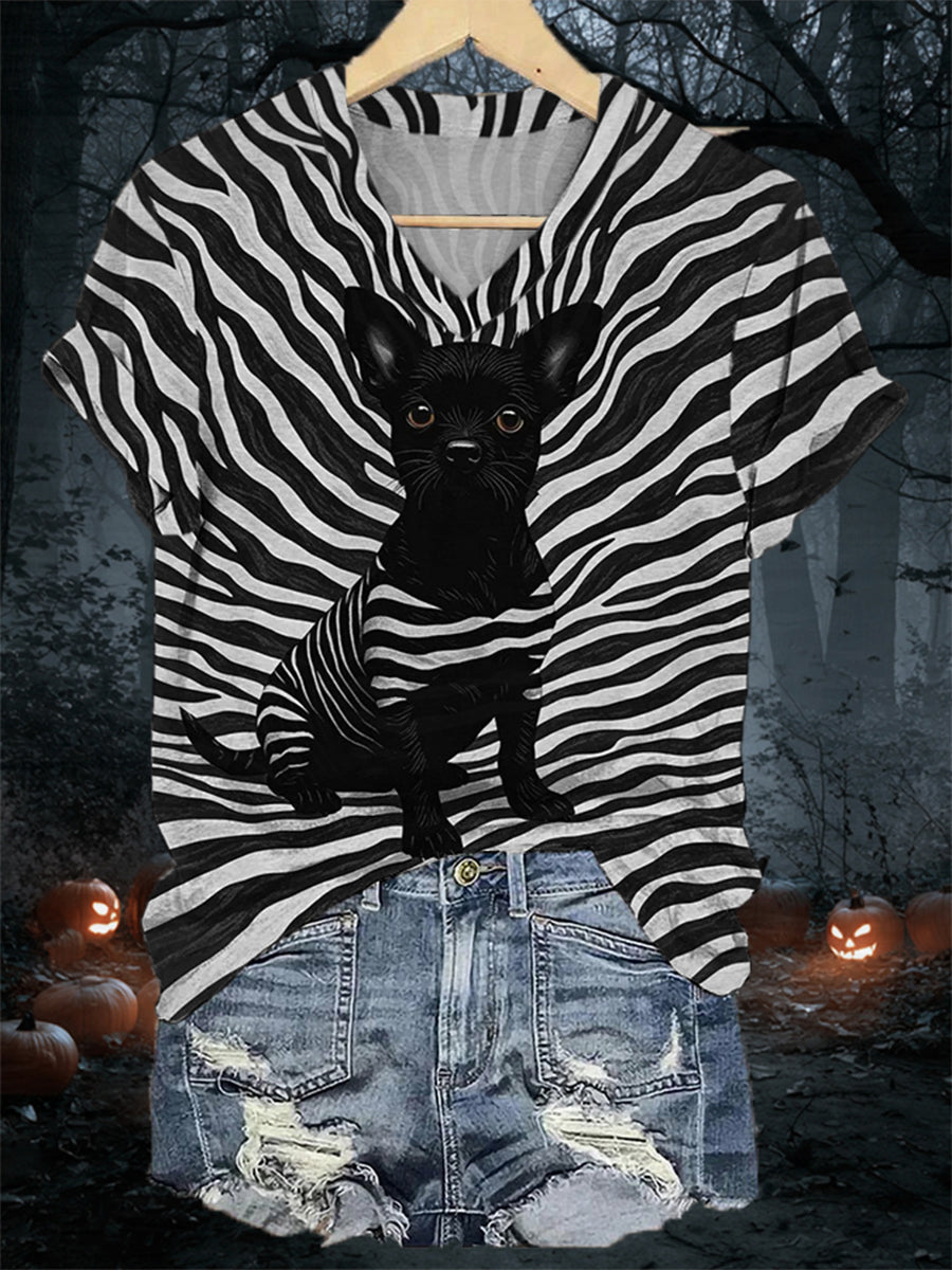 Women's Black Dog Stripes Print Casual V-Neck Tee vetvanguards