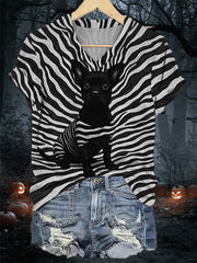 Women's Black Dog Stripes Print Casual V-Neck Tee vetvanguards