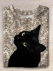 Women's Vintage Boho Cat Art  Crew Neck Short Sleeve T-shirt vetvanguards