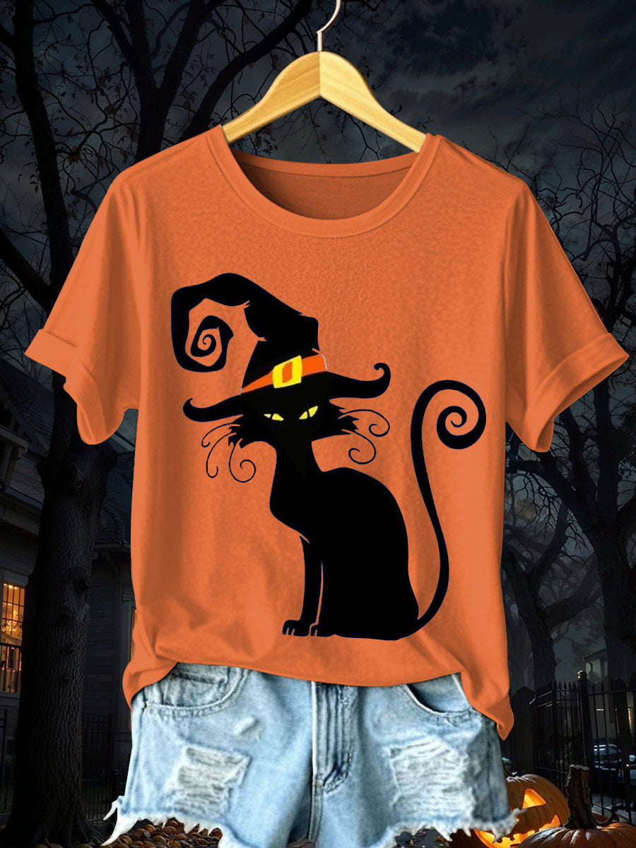 Women's Halloween Black Cat Short Sleeve T-Shirt vetvanguards