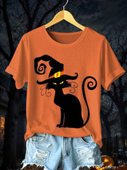 Women's Halloween Black Cat Short Sleeve T-Shirt vetvanguards