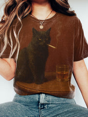 Women's Smoking Black Cat Print Vintage T-shirt vetvanguards
