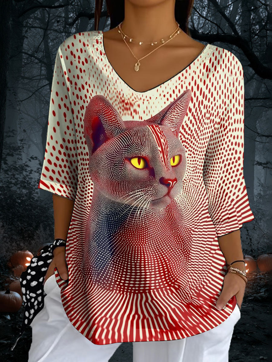 Women's Blood Stain Cat V-Neck T-Shirts vetvanguards