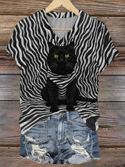 Women's Black Cat Stripes Print Casual V-Neck Tee vetvanguards