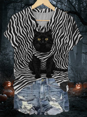 Women's Black Cat Stripes Print Casual V-Neck Tee vetvanguards