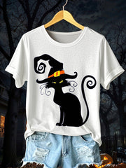 Women's Halloween Black Cat Short Sleeve T-Shirt vetvanguards