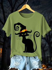 Women's Halloween Black Cat Short Sleeve T-Shirt vetvanguards