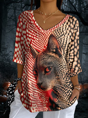 Women's Blood Stain Cat V-Neck T-Shirts vetvanguards