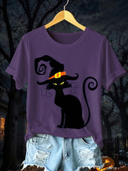 Women's Halloween Black Cat Short Sleeve T-Shirt vetvanguards