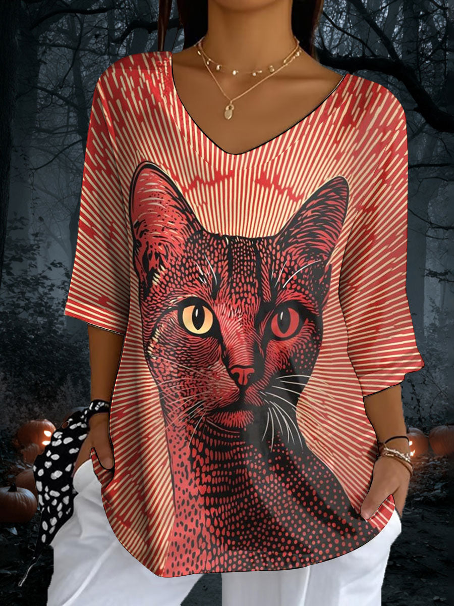Women's Blood Stain Cat V-Neck T-Shirts vetvanguards