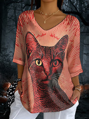 Women's Blood Stain Cat V-Neck T-Shirts vetvanguards