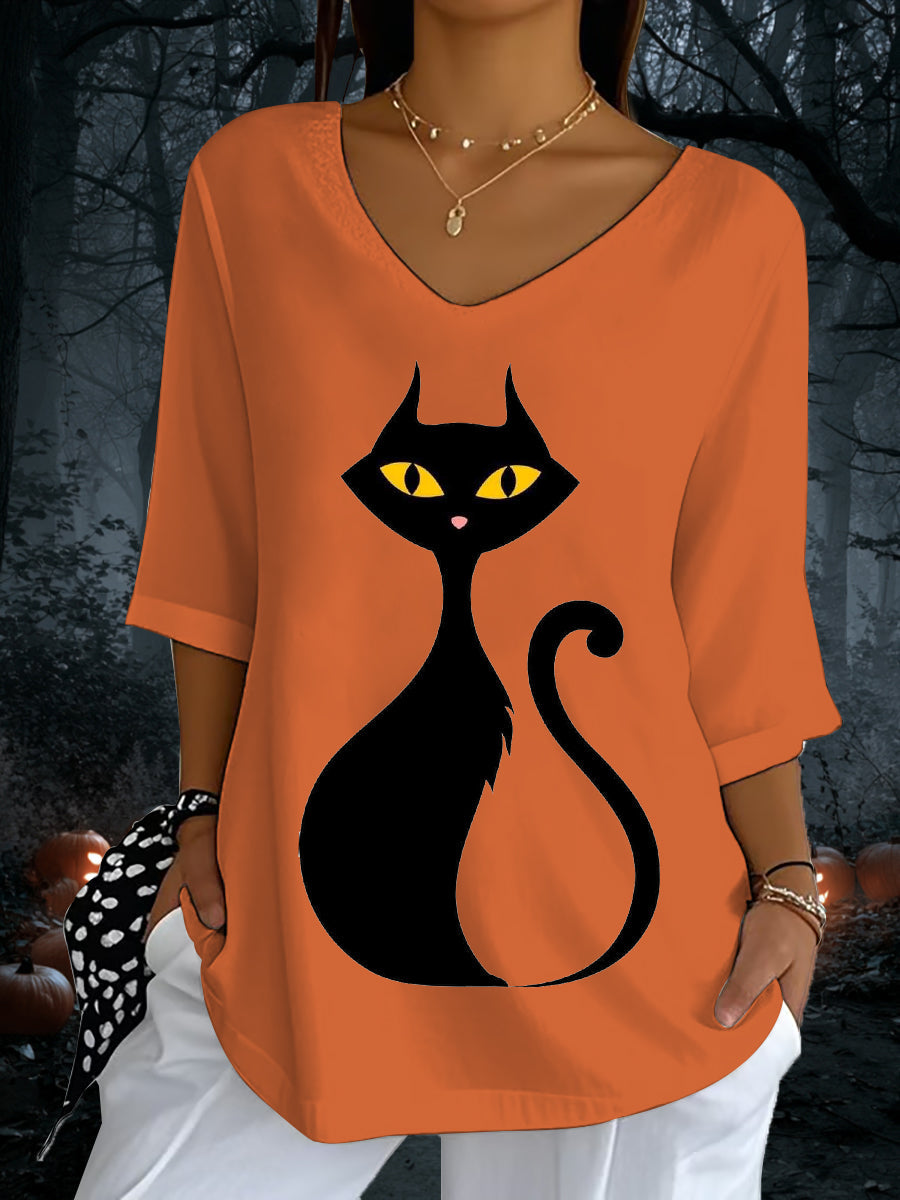 Women's Halloween Black Cat Print V-Neck T-Shirt vetvanguards