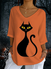Women's Halloween Black Cat Print V-Neck T-Shirt vetvanguards