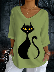 Women's Halloween Black Cat Print V-Neck T-Shirt vetvanguards