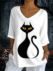 Women's Halloween Black Cat Print V-Neck T-Shirt vetvanguards