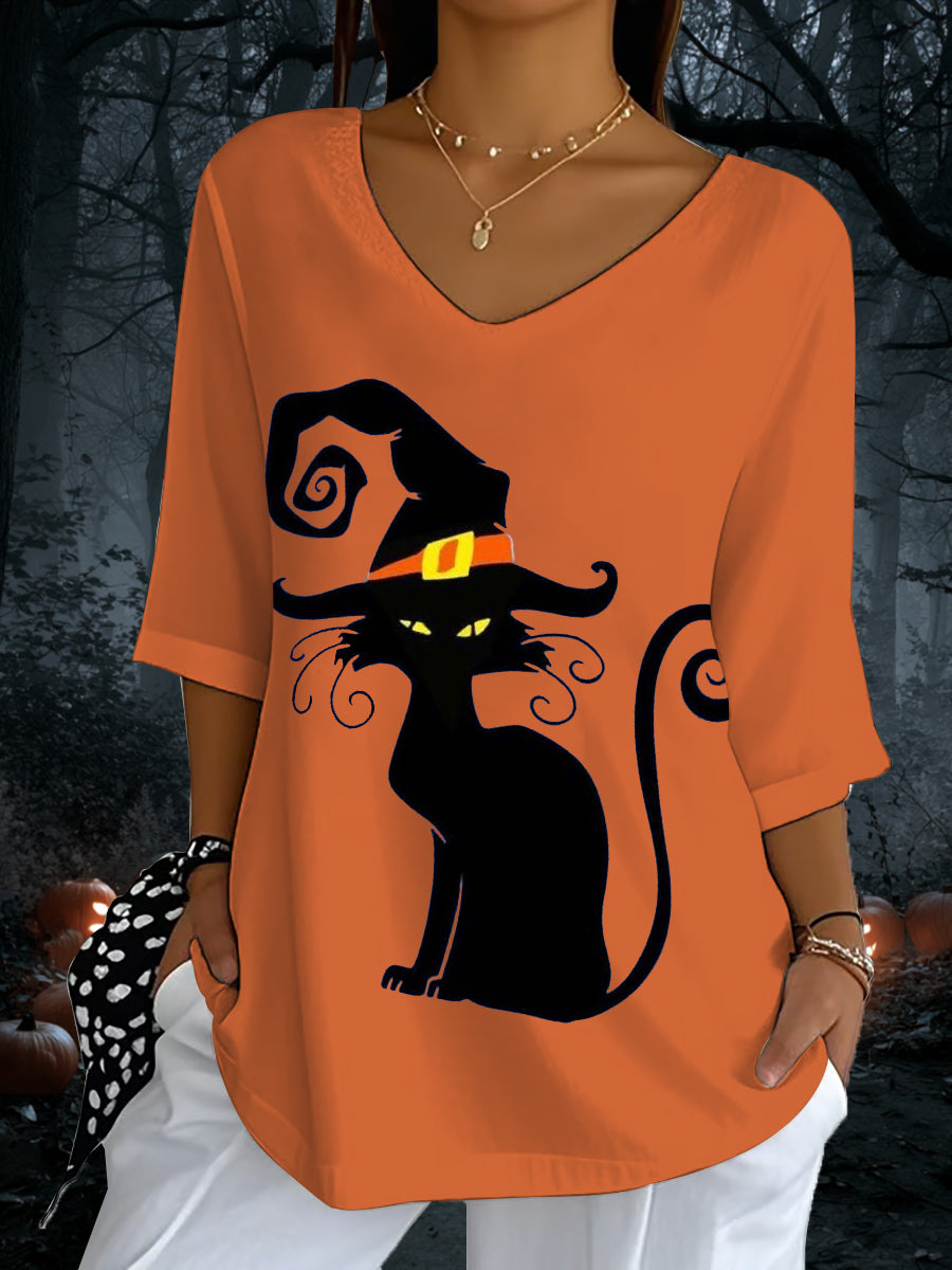 Women's Halloween Black Cat Print V-Neck T-Shirt vetvanguards
