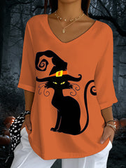Women's Halloween Black Cat Print V-Neck T-Shirt vetvanguards