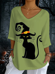 Women's Halloween Black Cat Print V-Neck T-Shirt vetvanguards