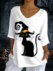 Women's Halloween Black Cat Print V-Neck T-Shirt vetvanguards