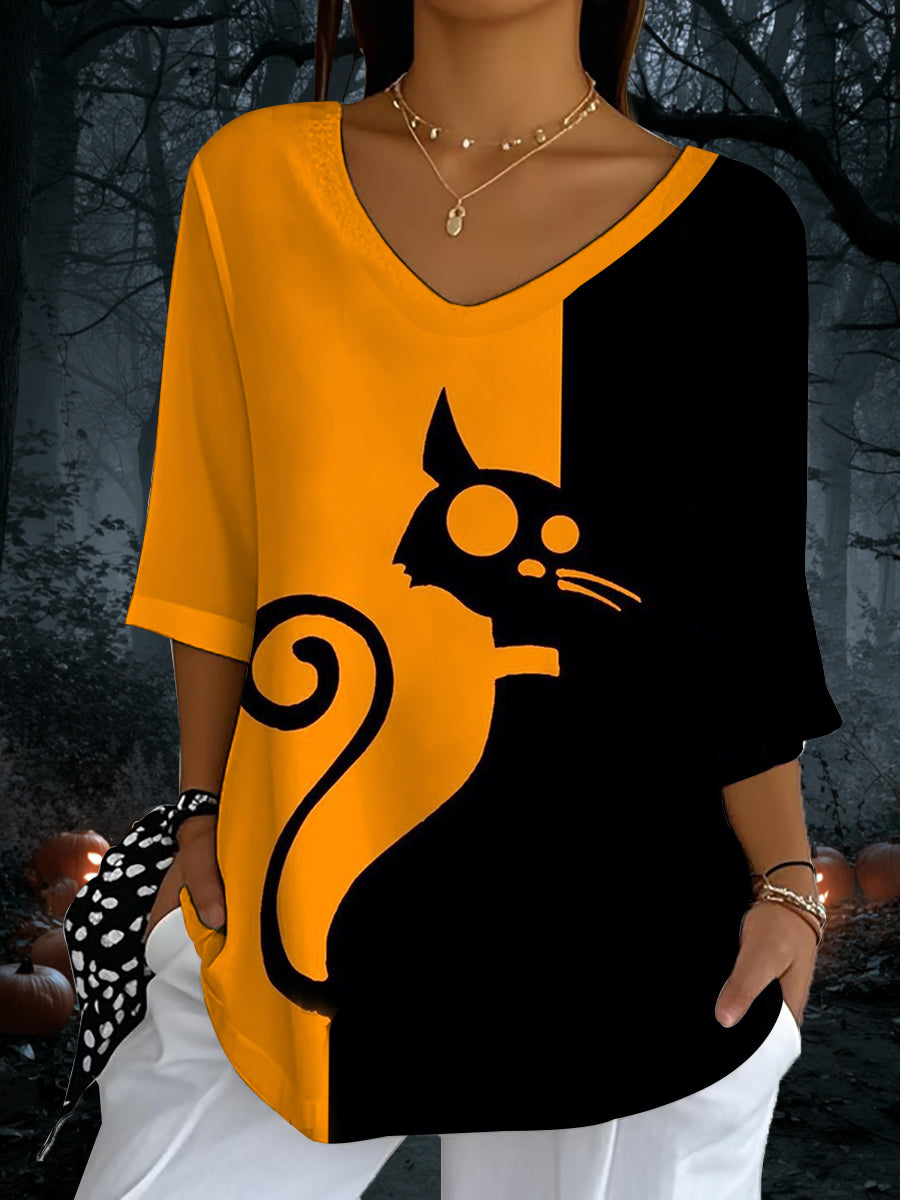 Women's Halloween Black Cat Print V-Neck T-Shirt vetvanguards