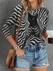 Women's Stripes Black Cat Print Casual Long Sleeve Shirt vetvanguards